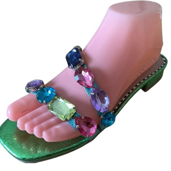 Betsey Johnson Shoes - BETSEY JOHNSON WILLET BEJEWELED GREEN METALLIC SLIDES 6.5